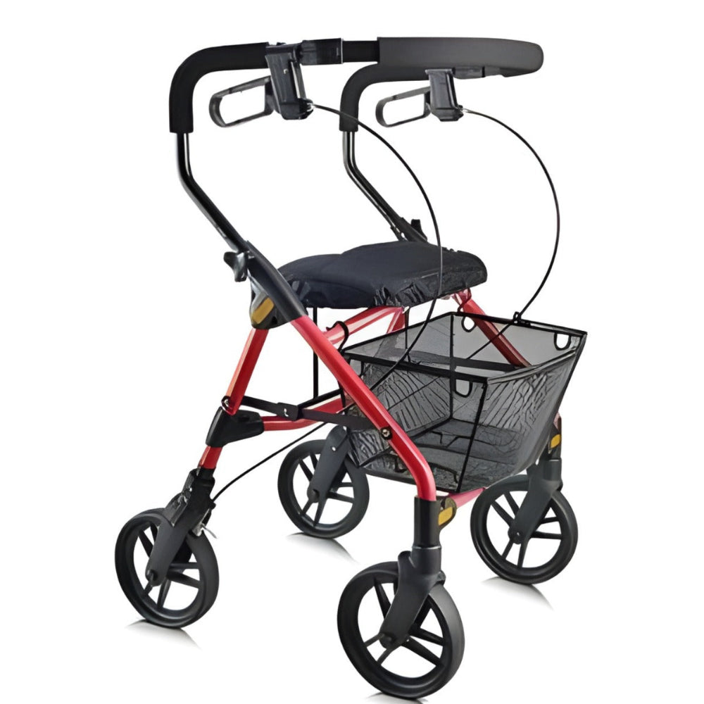 Ruby Red Evolution Piper Series 4-wheel walker featuring a strong welded frame.